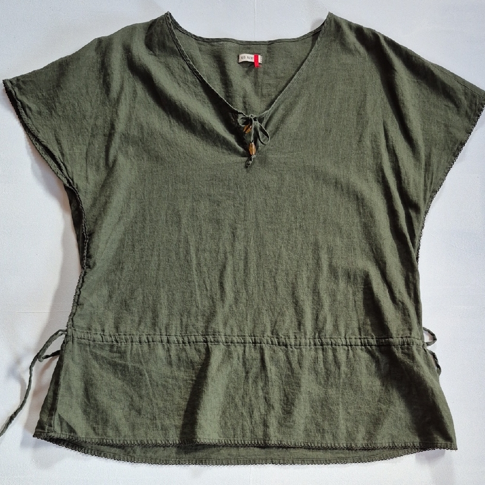 Dark Olive Green 55% Linen Peasant Top